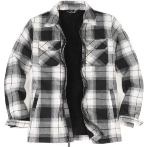 Men's Black & White Plaid Flannel Shirt – Warm Fleece Lined Jacket, Winter Casual Outerwear
