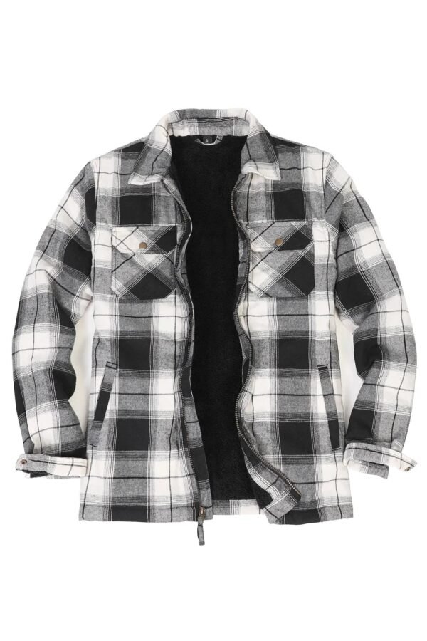 Men's Black & White Plaid Flannel Shirt – Warm Fleece Lined Jacket, Winter Casual Outerwear