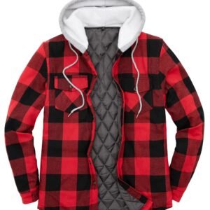 Men's Red & Black Buffalo Plaid Shirt Jacket with Hoodie – Fleece Lined Quilted Jacket for Winter