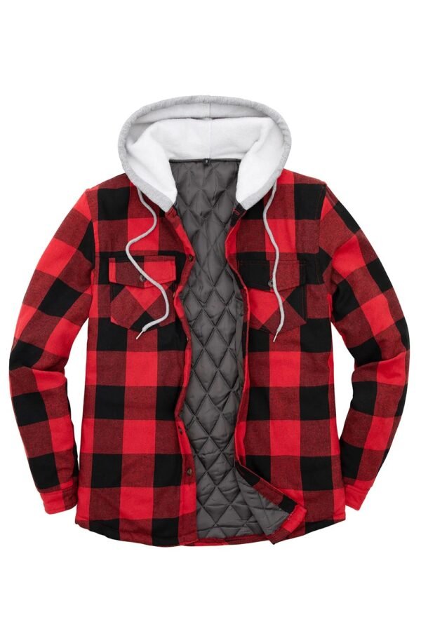 Men's Red & Black Buffalo Plaid Shirt Jacket with Hoodie – Fleece Lined Quilted Jacket for Winter