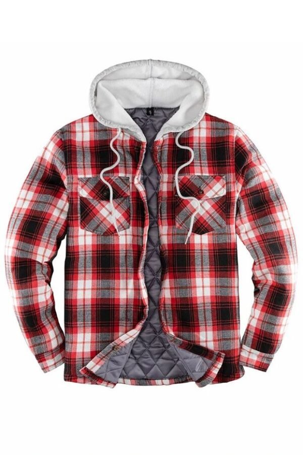 Men's Red & Black Plaid Shirt Jacket with Hoodie – Fleece Lined Quilted Jacket, Winter Outerwea